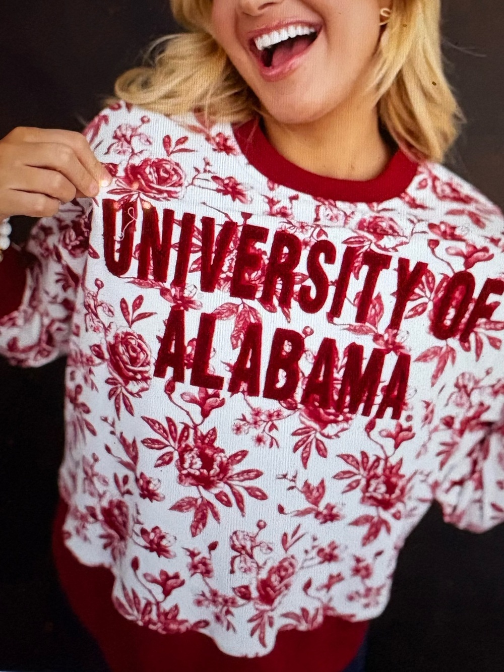 Brianna Cannon Roll Tide University of Alabama Red Floral toile Crewneck Sweater